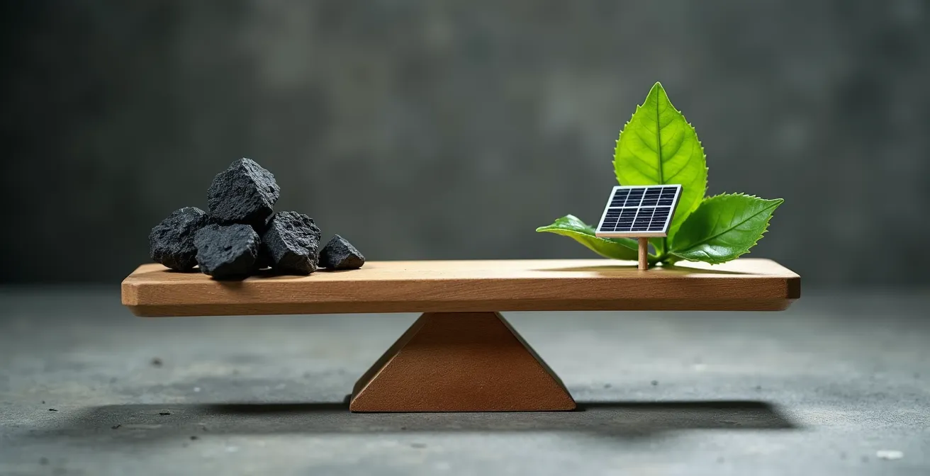 Symbolische voorstelling van energiekeuze tussen fossiel en hernieuwbaar