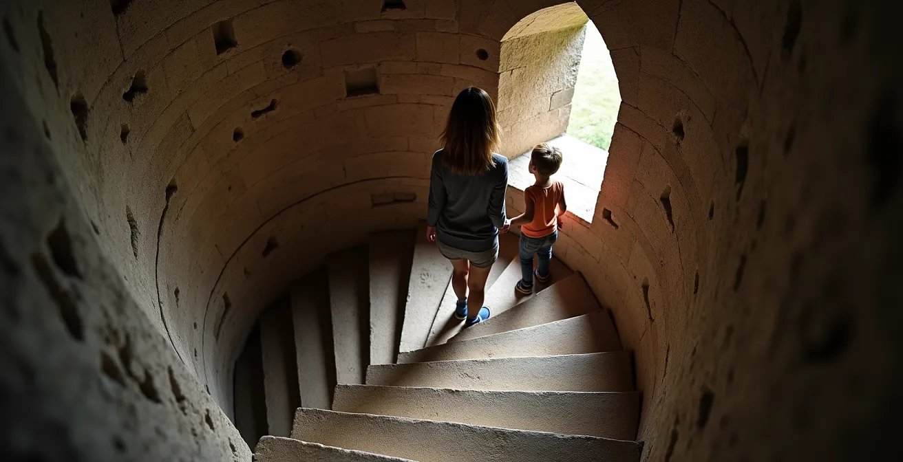 Historisch rustplatform in een belforttrap met middeleeuwse architectuur