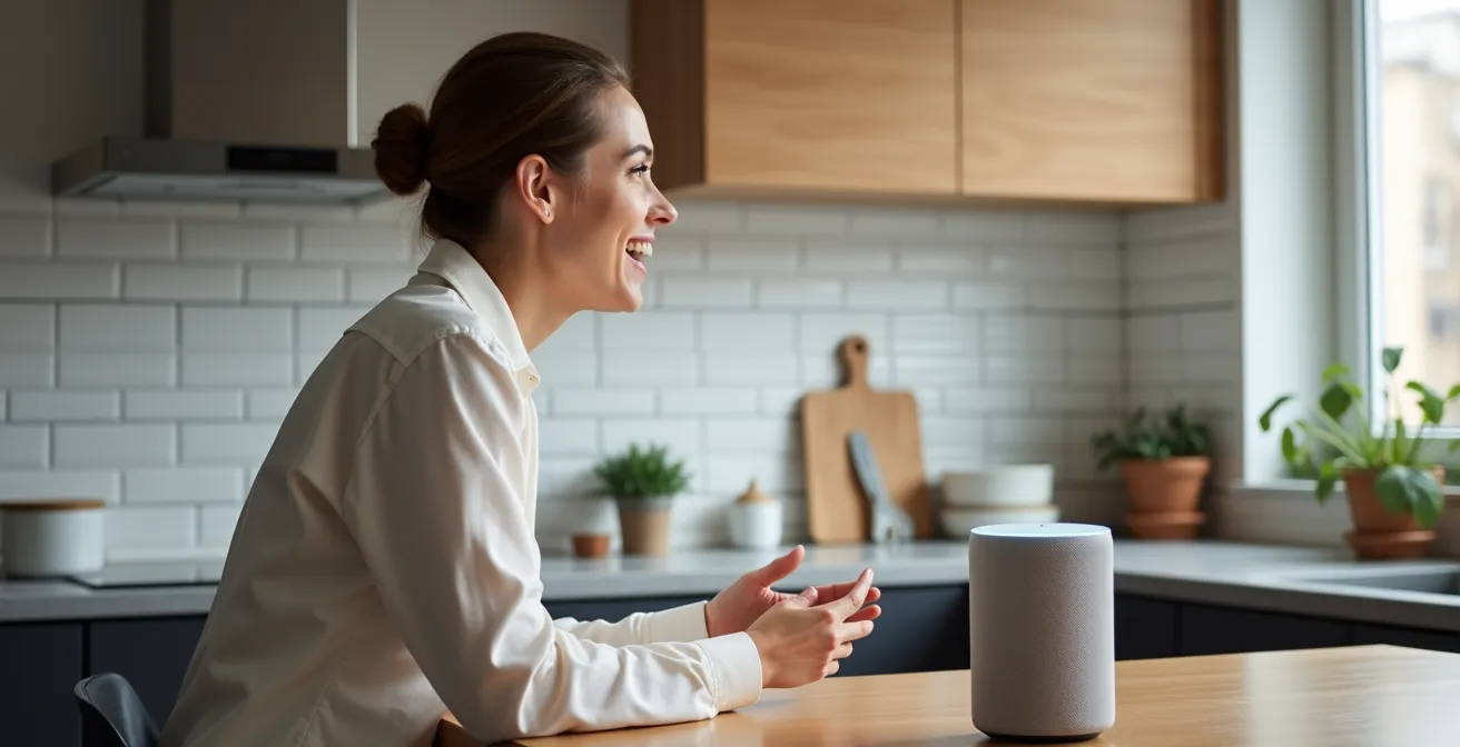 Persoon spreekt tegen slimme speaker in moderne Belgische keuken