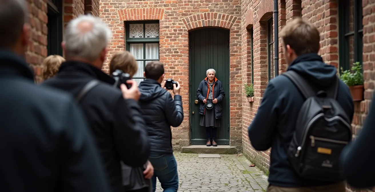Wide shot van begijnhofstraat met toeristen en bewoner in deuropening