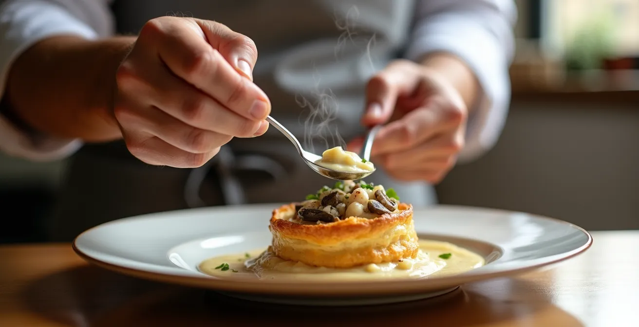 Romige vol-au-vent met een vulling van bospaddenstoelen en Noordzeevis, geserveerd in een gouden bladerdeeggebakje