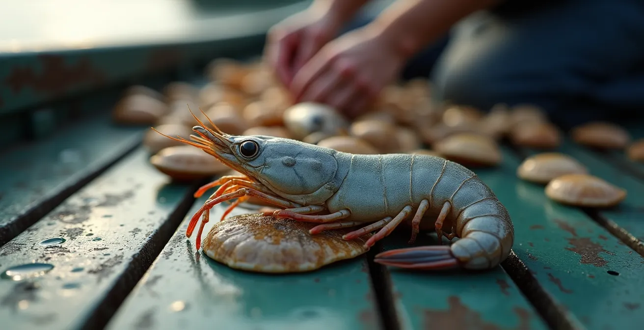 Macrobeeld van verse Oostendse garnalen op de visserskaai