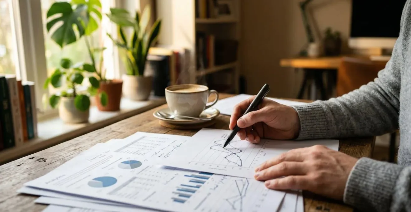 Handen werken aan documenten met grafieken en tabellen op bureau met koffiekop en planten op de achtergrond