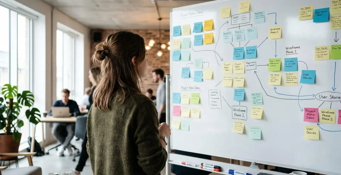 Persoon van achteren gefotografeerd in moderne co-working space kijkend naar whiteboard met gekleurde post-its
