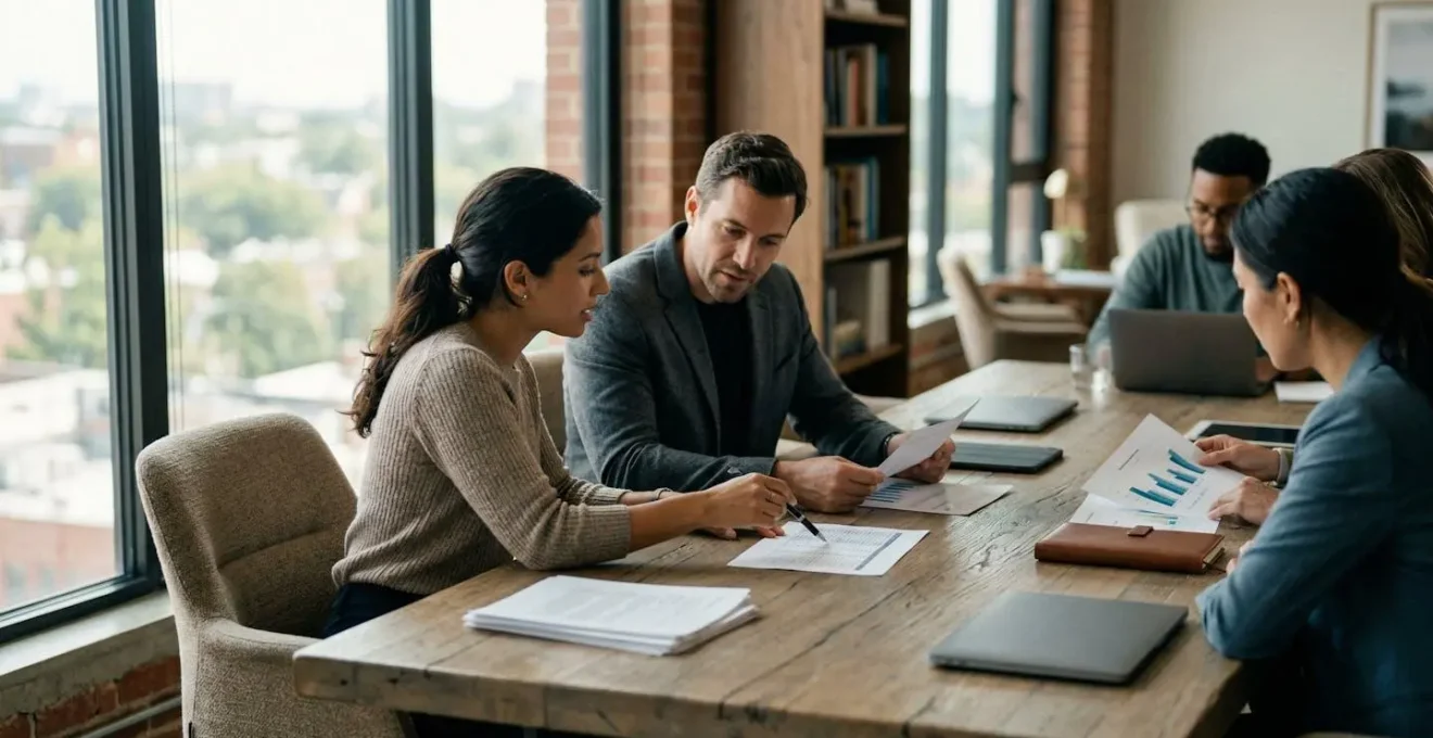 Professioneel team bespreekt documenten en grafieken in een modern kantoor met grote ramen en natuurlijk licht